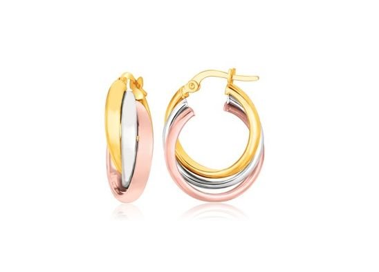 Image 1 of 14K Tri-Colour Gold Interlinked Domed Tube Hoop Earrings  