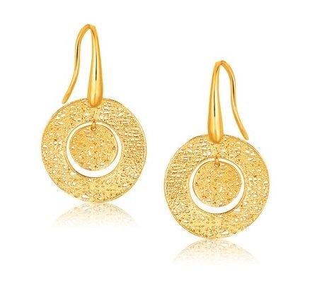 Image 1 of 14K Yellow Gold Textured Weave Round Disc French Wire Earrings 