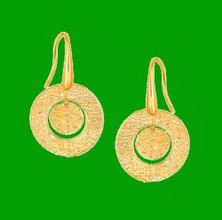 14K Yellow Gold Textured Weave Round Disc French Wire Earrings 
