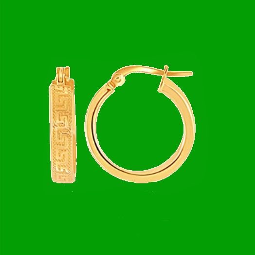 Image 0 of 14K Yellow Gold Greek Key Carved Circle Small Hoop Earrings