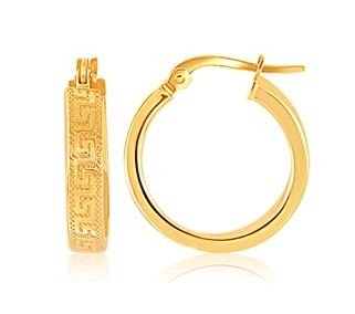 Image 1 of 14K Yellow Gold Greek Key Carved Circle Small Hoop Earrings