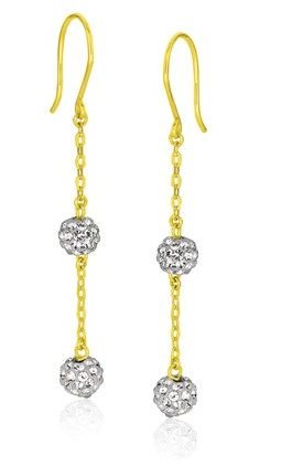 Image 1 of 14K Yellow Gold Double Crystal Ball Long Drop Sheppard Hook Earrings 