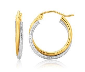Image 1 of 14K Two Tone Gold Double Interlinked Polished Textured Hoop Earrings  