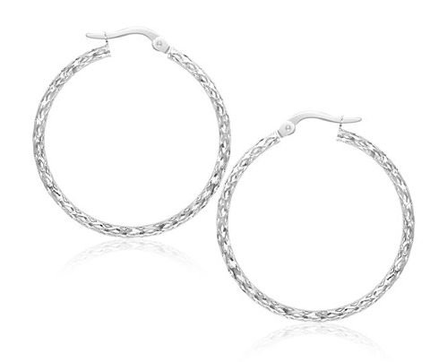 Image 1 of 14K White Gold Textured Large Circle Hoop Earrings 