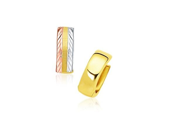 Image 1 of 14K Tri-Colour Gold Textured Striped Snuggable Hoop Earrings
