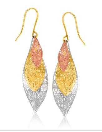 Image 1 of 14K Tri-Colour Gold Fancy Spiral Graduated Textured Drop Earrings 