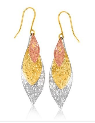 Image 1 of 14K Tri-Colour Gold Fancy Spiral Graduated Textured Drop Earrings 