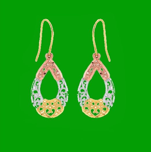 Image 0 of 10K Tri-Colour Gold Fancy Open Oval Textured Drop Earrings 