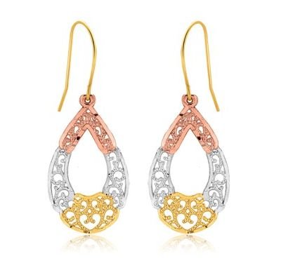 Image 1 of 10K Tri-Colour Gold Fancy Open Oval Textured Drop Earrings 