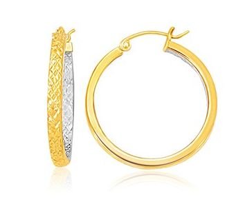 Image 1 of 14K Two Tone Gold Slender Patterned Petite Hoop Earrings 