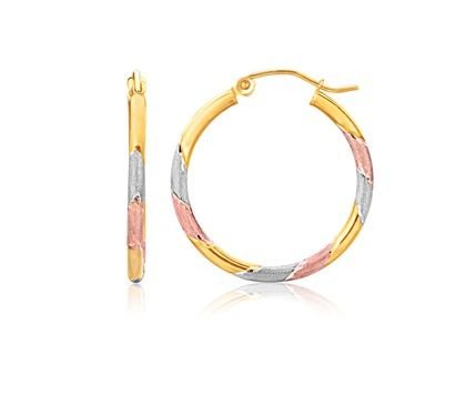 Image 1 of 14K Tri-Colour Gold Textured 25mm Circle Hoop Earrings 