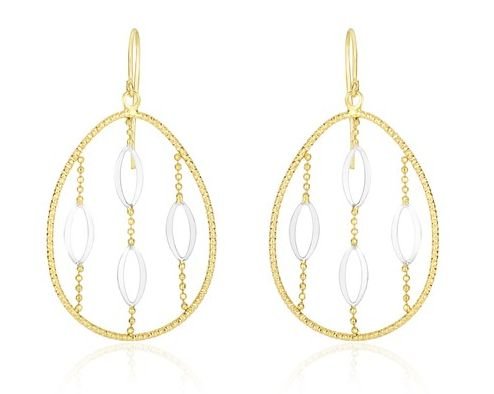 Image 1 of 14K Two Tone Gold Bead Strands Marquis Open Oval Drop Earrings