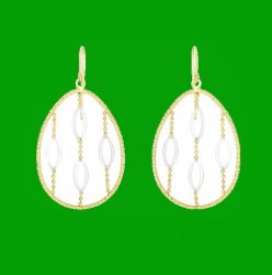 14K Two Tone Gold Bead Strands Marquis Open Oval Drop Earrings