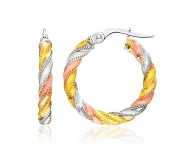Image 1 of 14K Tri-Colour Gold Spiral Twist Circular Hoop Earrings 