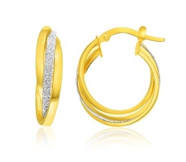Image 1 of 14K Two Tone Gold Glitter Twisted Circle Hoop Earrings 