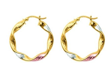 Image 1 of 14K Tri-Colour Gold Twist Detail Circular Hoop Earrings 