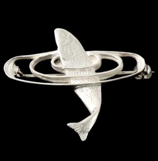 Image 0 of Leaping Salmon Fish Design Medium Sterling Silver Brooch