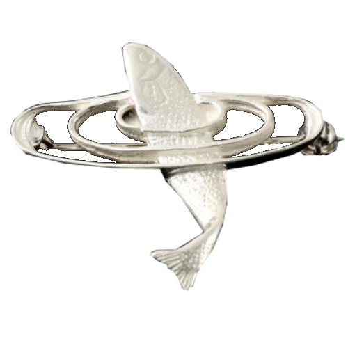 Image 1 of Leaping Salmon Fish Design Medium Sterling Silver Brooch