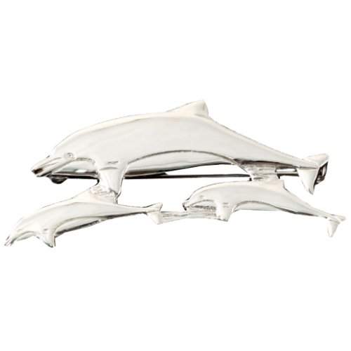 Image 1 of Swimming Dolphin Family Design Large Sterling Silver Brooch