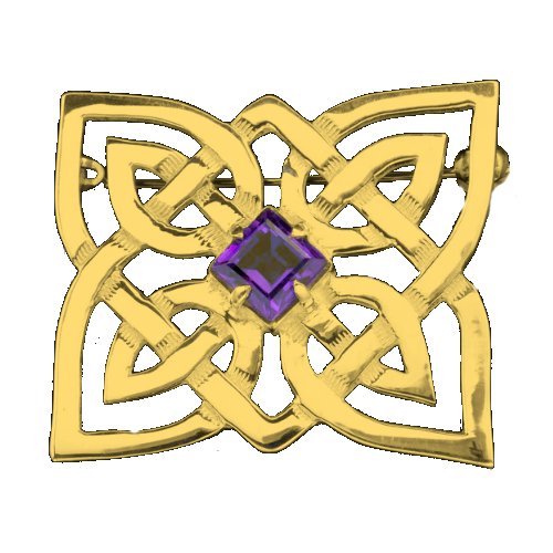 Image 1 of Celtic Knotwork Purple Amethyst Star Design Medium 9K Yellow Gold Brooch
