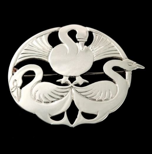 Image 0 of Three Nornes Swan Norse Mythology Round Small Sterling Silver Brooch