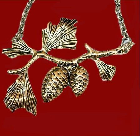 Image 0 of Acorn Branch Design Antiqued Brass Gold Plated Necklace