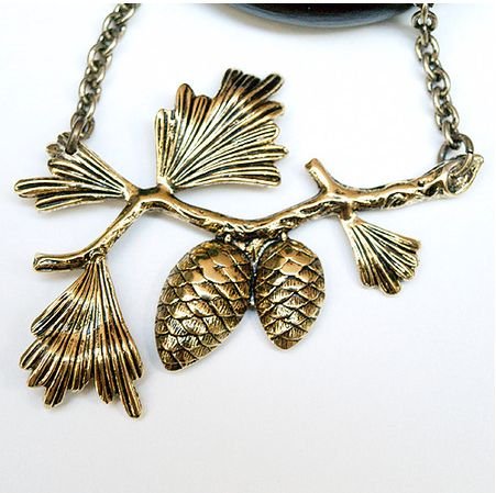 Image 1 of Acorn Branch Design Antiqued Brass Gold Plated Necklace