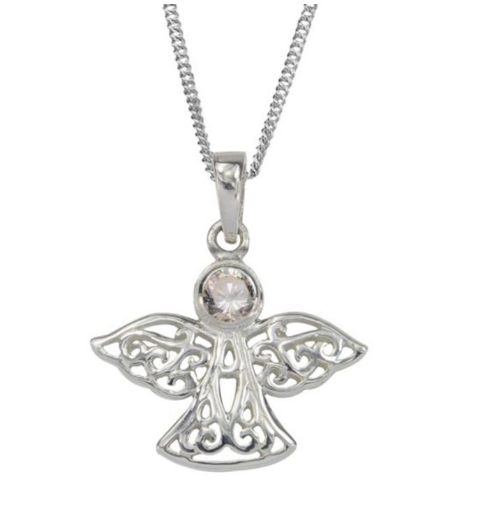 Image 1 of Birthstone Celtic Angel April Stone Sterling Silver Pendant