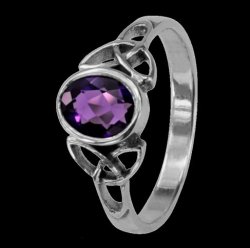 Celtic Knotwork February Birthstone Ladies Sterling Silver Ring