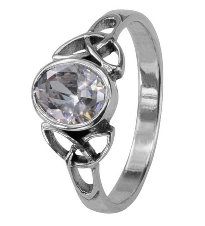Image 1 of Celtic Knotwork April Birthstone Ladies Sterling Silver Ring