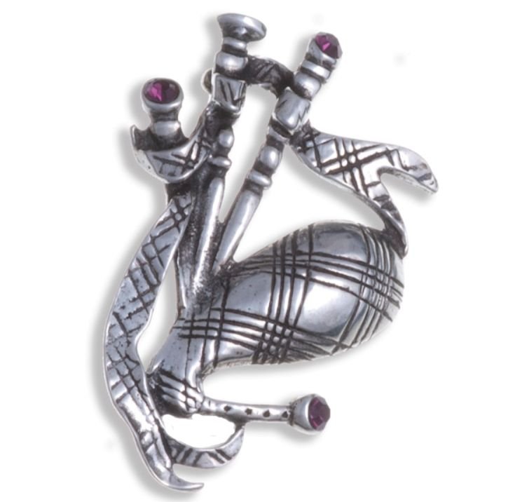 Image 1 of Bagpipe Purple Crystal Stone Antiqued Stylish Pewter Brooch