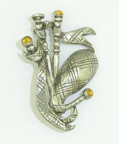 Image 1 of Bagpipe Yellow Topaz Crystal Stone Design Antiqued Pewter Brooch