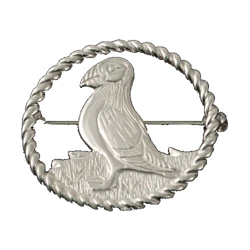Image 1 of Puffin Bird Design Twisted Round Medium Sterling Silver Brooch