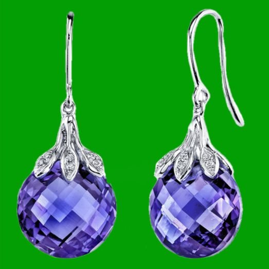 Image 0 of Alexandrite Checkerboard Purple Ball Diamond Hook 14K White Gold Earrings