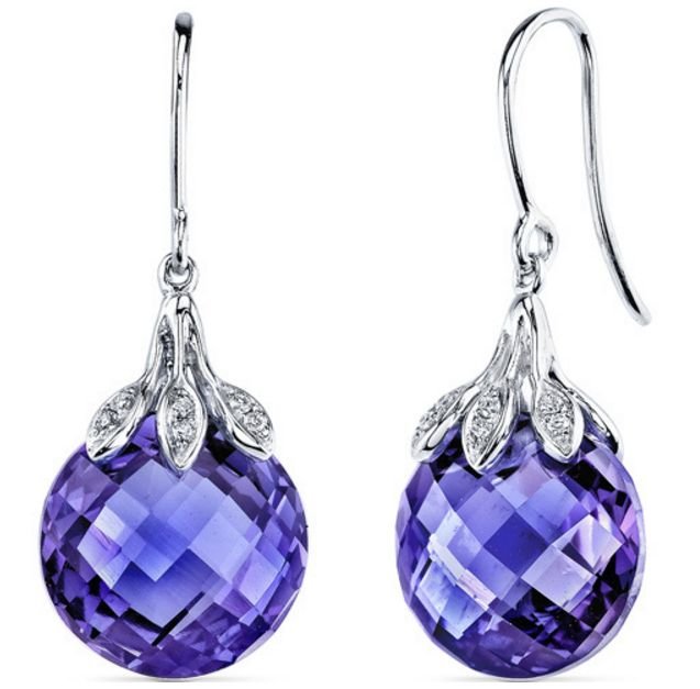 Image 1 of Alexandrite Checkerboard Purple Ball Diamond Hook 14K White Gold Earrings