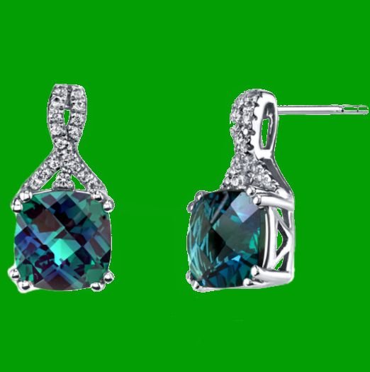 Image 0 of Alexandrite Cushion Cut White Topaz Ribbon 14K White Gold Earrings