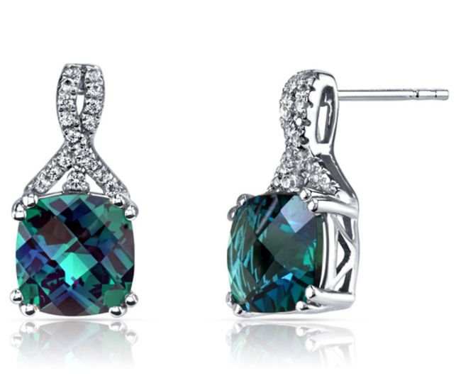 Image 1 of Alexandrite Cushion Cut White Topaz Ribbon 14K White Gold Earrings