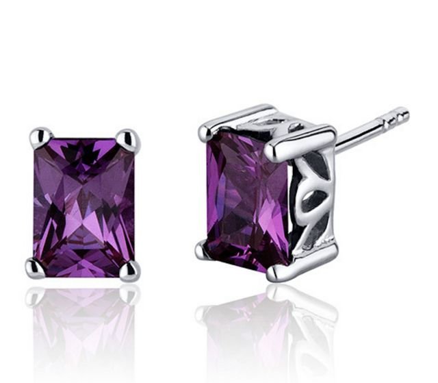 Image 1 of Alexandrite Radiant Cut Stud Sterling Silver Earrings 