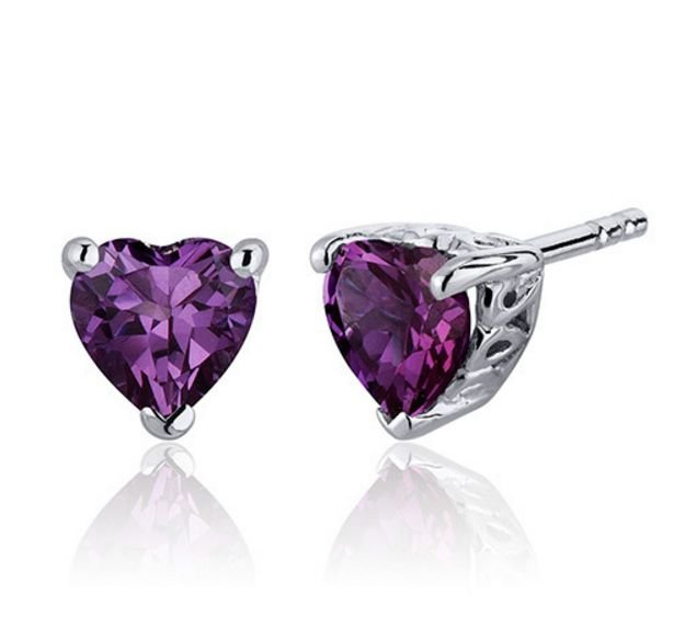 Image 1 of Alexandrite Heart Cut Deep Pink Stud Sterling Silver Earrings 