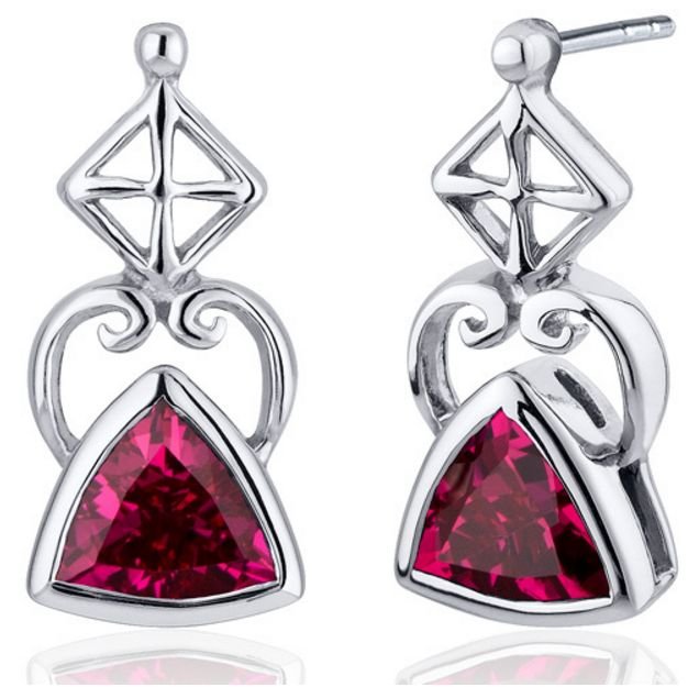 Image 1 of Red Ruby Trillion Cut Arch Sterling Silver Earrings