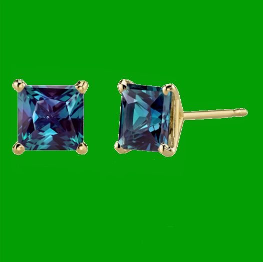 Image 0 of Alexandrite Princess Cut Stud 14K Yellow Gold Earrings 