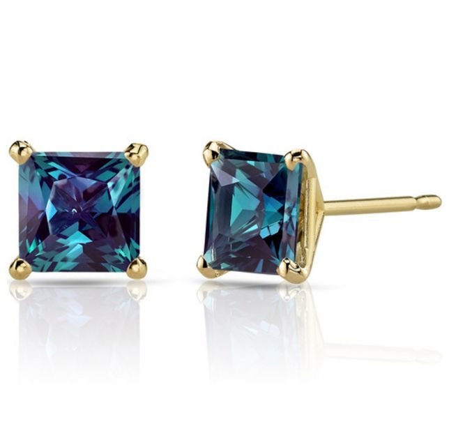 Image 1 of Alexandrite Princess Cut Stud 14K Yellow Gold Earrings 