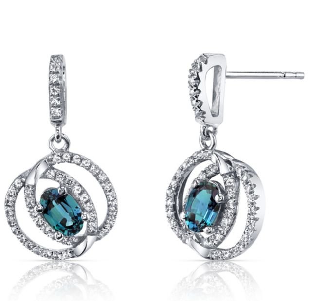 Image 1 of Alexandrite Oval Cut White Topaz Dual Halo 14K White Gold Earrings