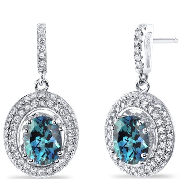 Image 1 of Alexandrite Oval Cut Cubic Zirconia Halo Sterling Silver Earrings