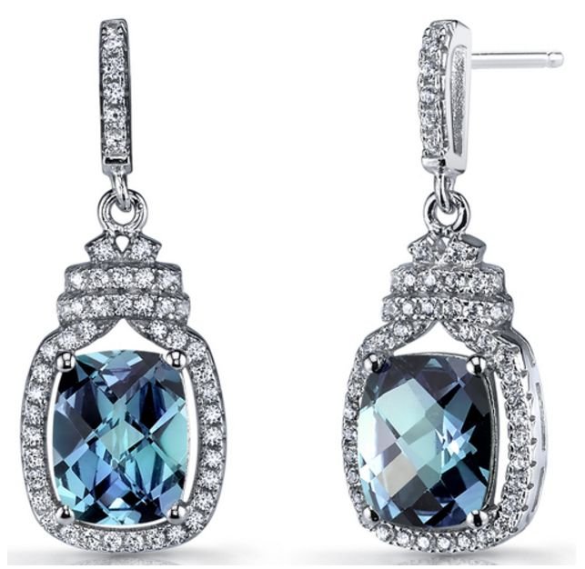 Image 1 of Alexandrite Cushion Cut Cubic Zirconia Halo Crown Sterling Silver Earrings