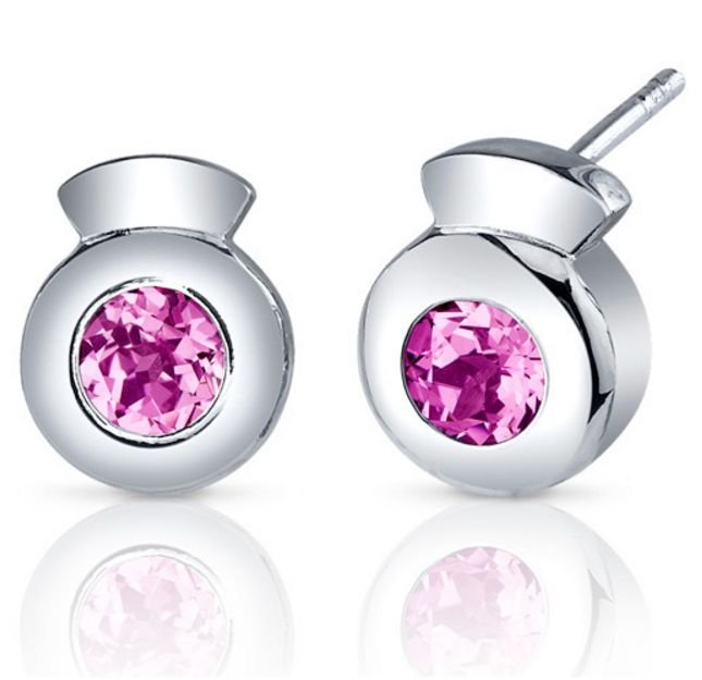 Image 1 of Pink Sapphire Round Cut Button Sterling Silver Earrings