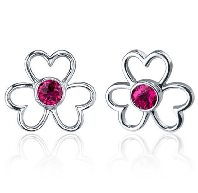 Image 1 of Red Ruby Round Cut Flower Sterling Silver Earrings