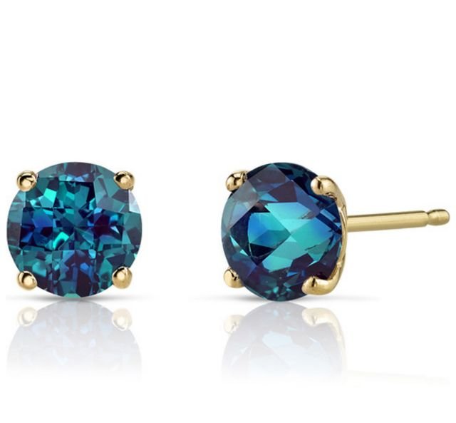 Image 1 of Alexandrite Round Cut Stud 14K Yellow Gold Earrings 