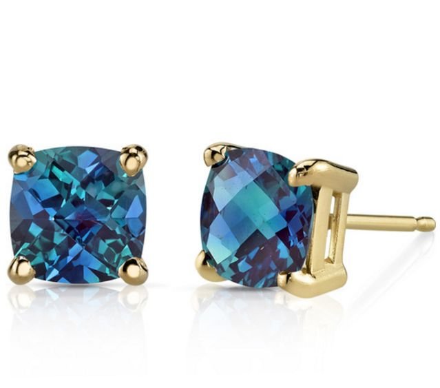 Image 1 of Alexandrite Cushion Cut Stud 14K Yellow Gold Earrings 