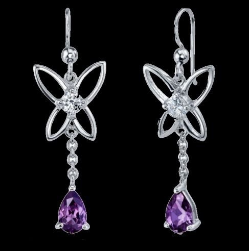 Image 0 of Alexandrite Pear Cut Cubic Zirconia Butterfly Sterling Silver Earrings